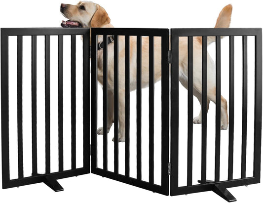 ZJSF Freestanding Indoor Dog Gate for House Foldable Wood Puppy Gate for Doorways Pet Gate for Stairs Extra Wide Pet Fence, Black, 32" Height 3 Panels