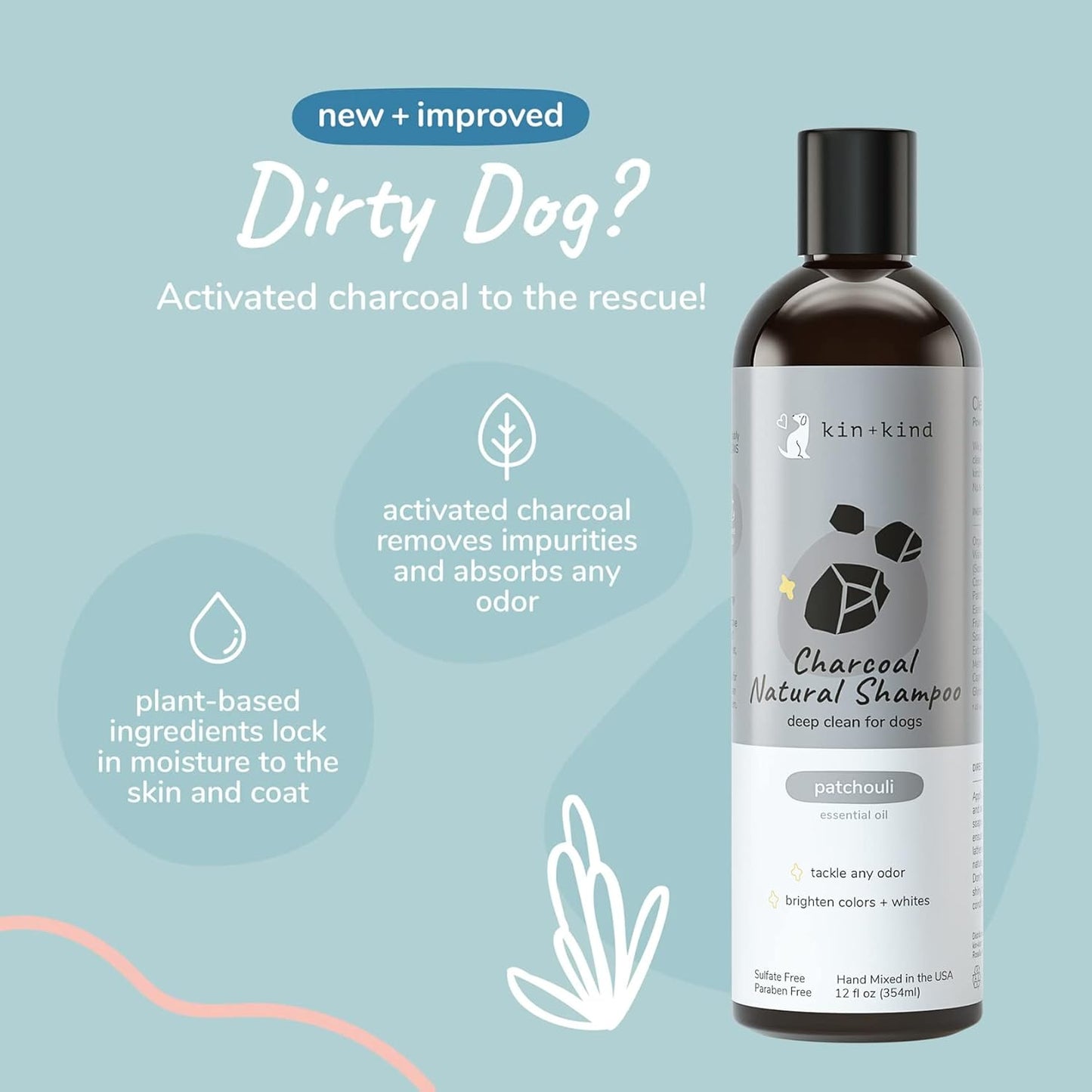 kin+kind Dog Shampoo with Activated Charcoal - Deep Clean Deodorizing Dog Shampoo for Dirt, Odor & Itch Relief - Gentle Grooming Pet Supplies with Aloe, Olive Oil & Coconut Oil - Patchouli 12 fl oz