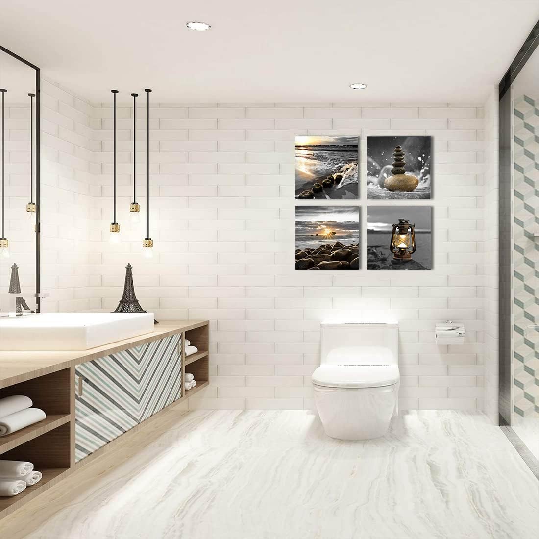 Yxbhhym-Canvas Zen Décor Black and White Beach Wall Art Ocean Poste Seascape Picture Print Sunset Scenery Painting Artwork for Living Room Wall Decor Bedroom Bathroom Wall Home Decorations Framed