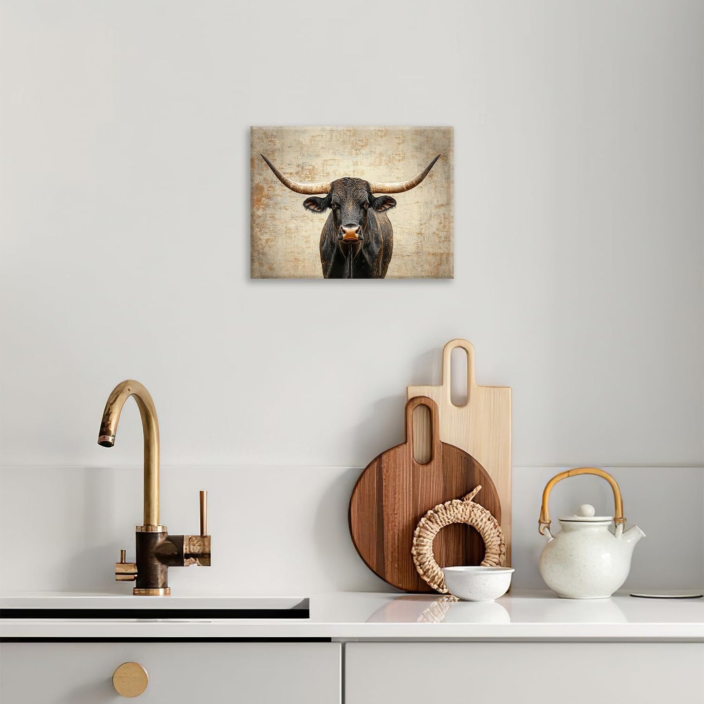 Rustic Highland Cow Pictures Wall Art, Farmhouse Black Cow Bathroom Wall Decor Animal Framed Painting Canvas Artwork for Bathroom Bedroom Living Room Decorations 20"L x 16"W