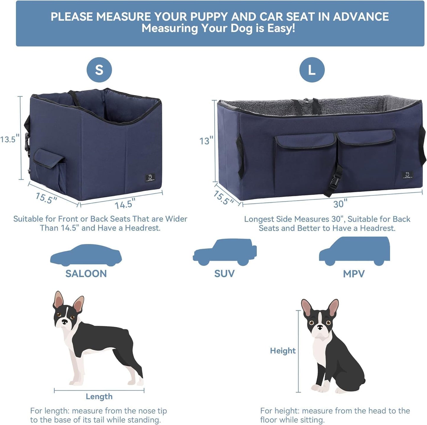 A 4 Pet Dog Car Seat for Medium/Large Dog or 2 Small Dogs, Booster Car Seat with Storage Bags and 2 Seat Belts, Pet Seat for Dogs Under 55 lbs