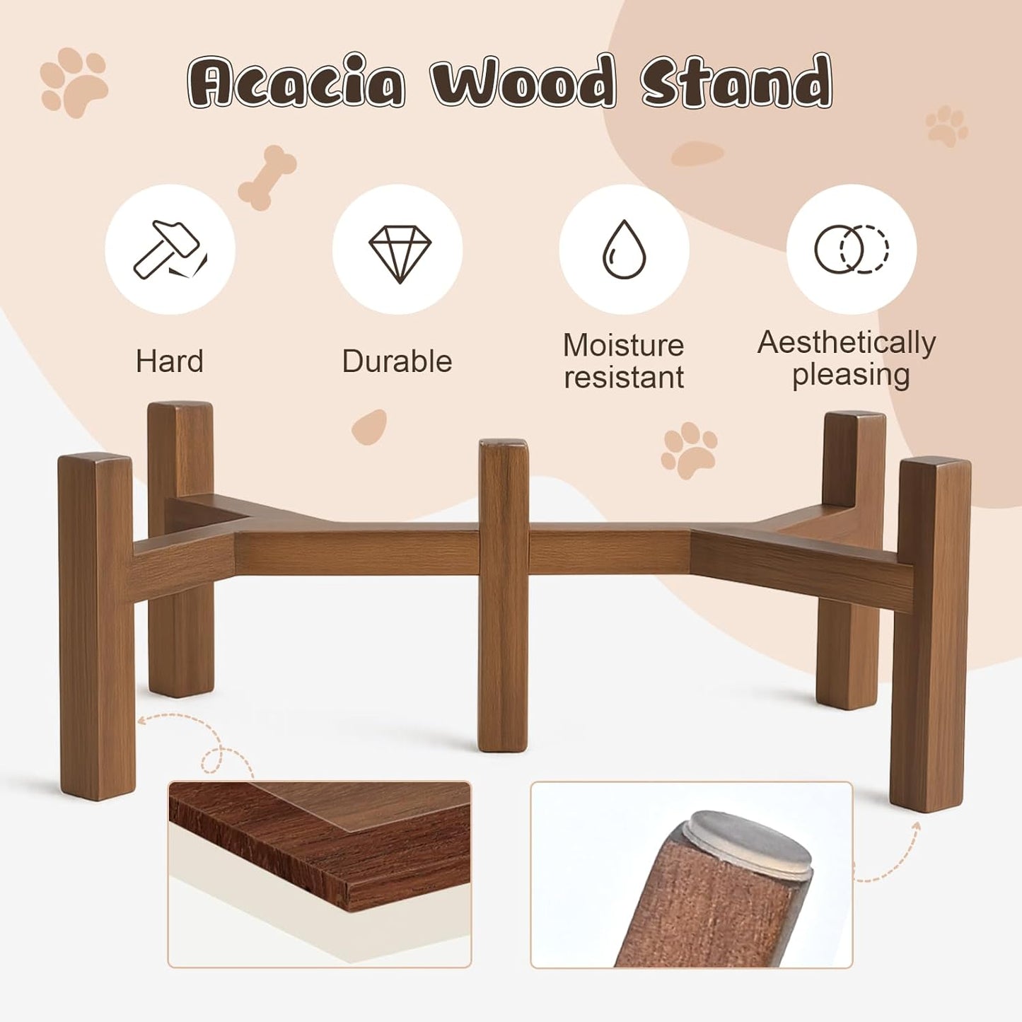 SPUNKYJUNKY Ceramic Elevated Dog Bowl Set with Acacia Wood Stand for Food and Water for Small Medium Sized Dog (28.74 OZ, White and Reddish Brown)