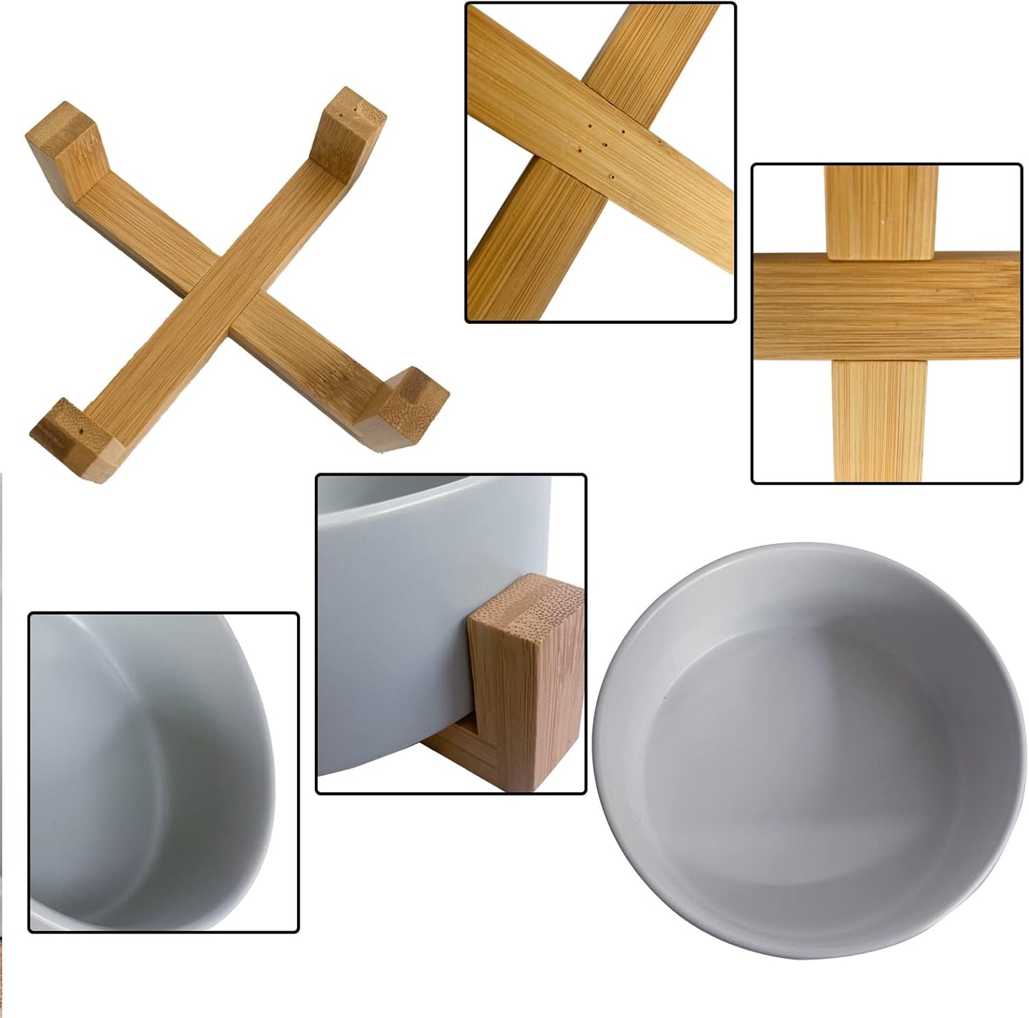 Ceramic Dog Cat Bowl with Wood Stand,Cat Food & Water Bowls Elevated Non-Spill Modern Cute Kitty Dishes Heavy Weighted Round Pet Dishes Set for Small Kitten Grown Cat(Grey)