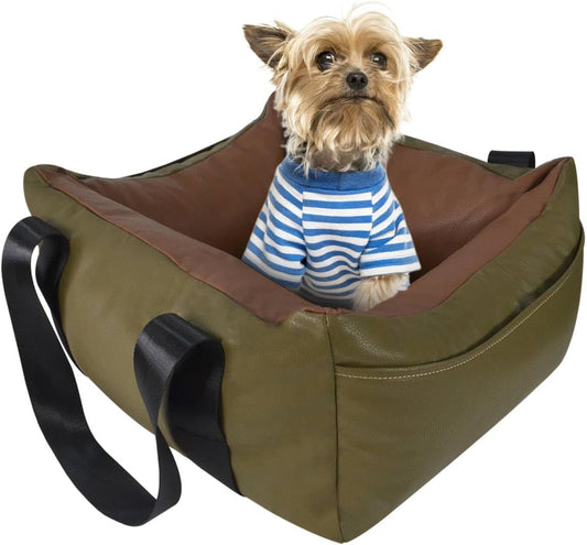 Dog Car Seat for Small Dogs, Large Leather Dog Car Bed with Storage Pocket, Waterproof PVC Leather Booster Seat Travel Bed for Front & Back Seat, Clip-On Safety Leash (Green/Brown)