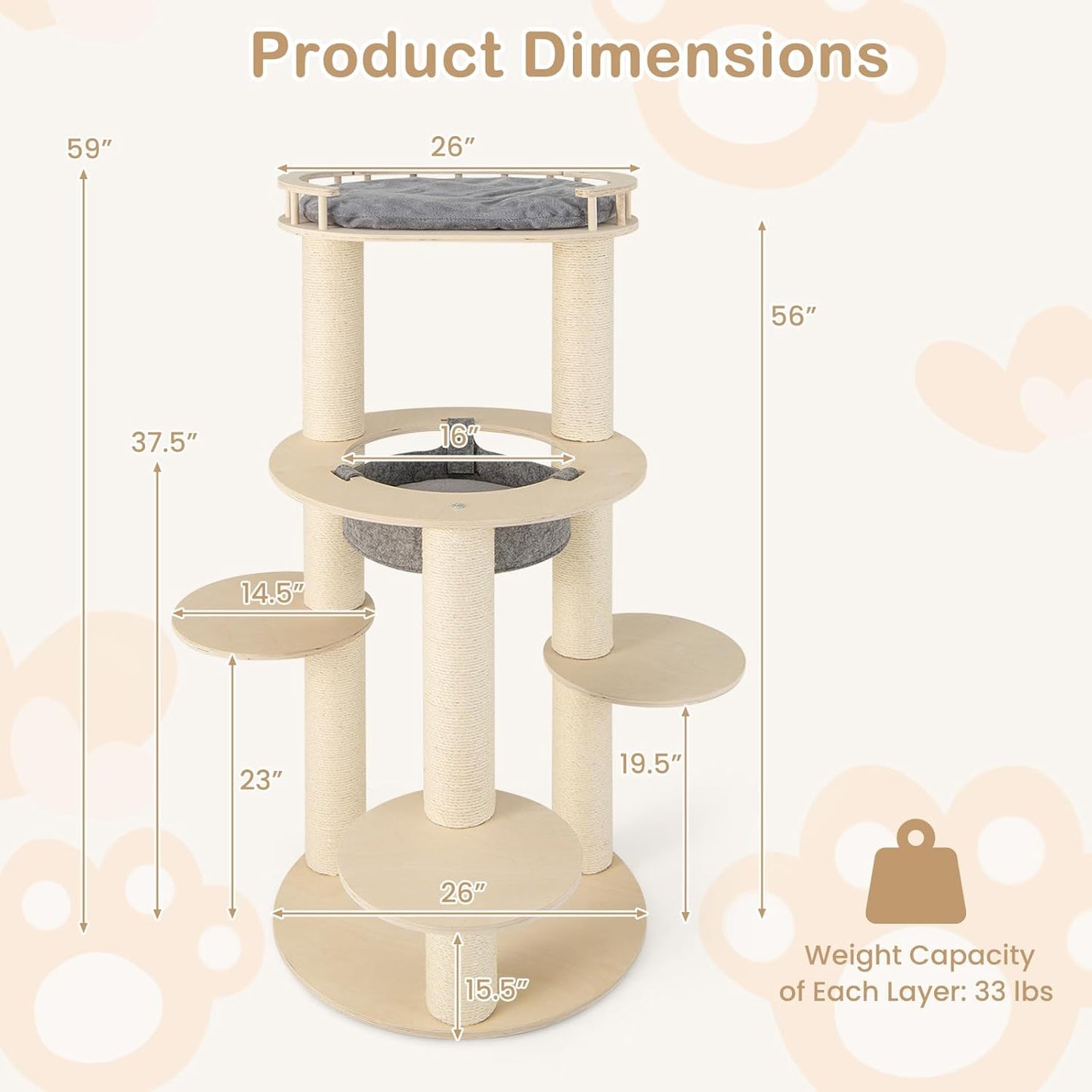 Tangkula Wood Cat Tree, 59 Inch Multi-Level Cat Tower with Top Padded Perch, Hammock, 3 Platforms & Sisal Scratching Posts, Large Modern Cat Tree Tower for Indoor Cats Kittens (59 Inch)