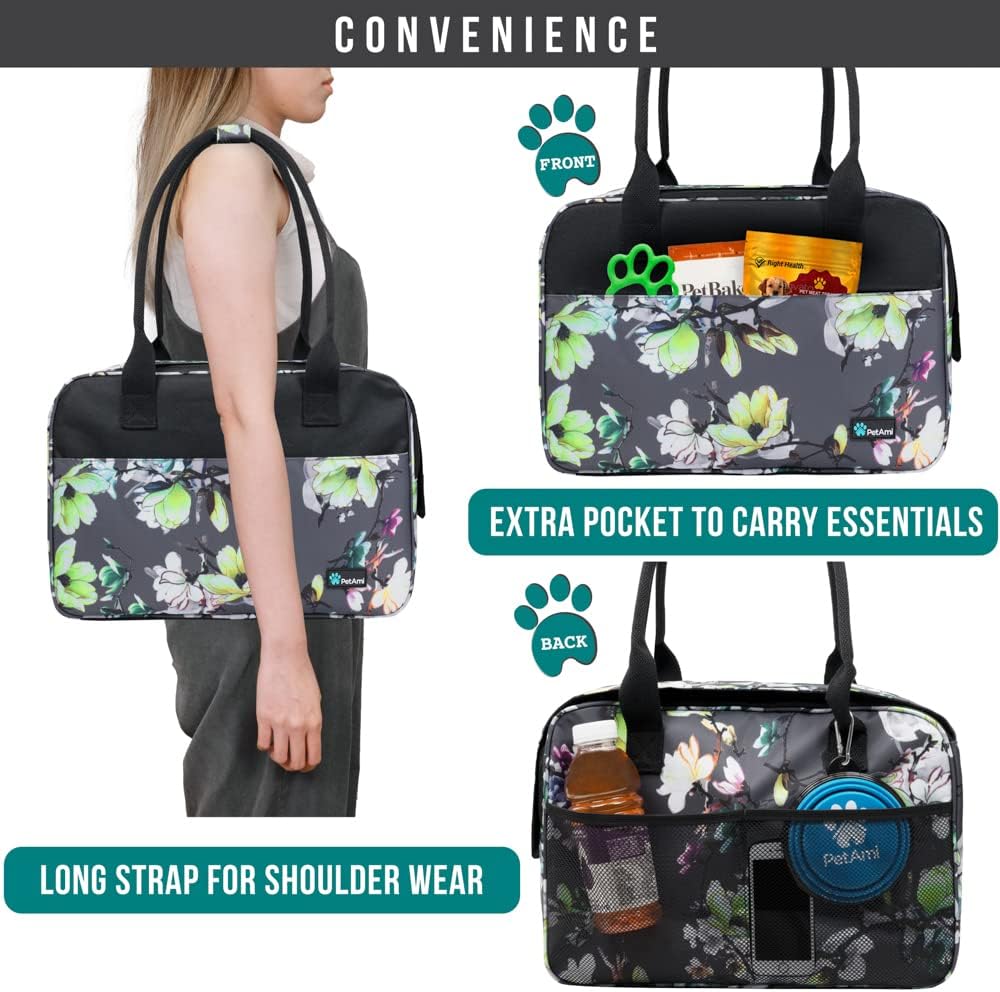 PetAmi Dog Purse Carrier for Small Dogs, Airline Approved Soft Sided Pet Carrier with Pockets, Ventilated Dog Carrying Bag for Puppy Cat, Dog Travel Supplies Bag, Sherpa Bed, Max 12 lbs, Floral Gray
