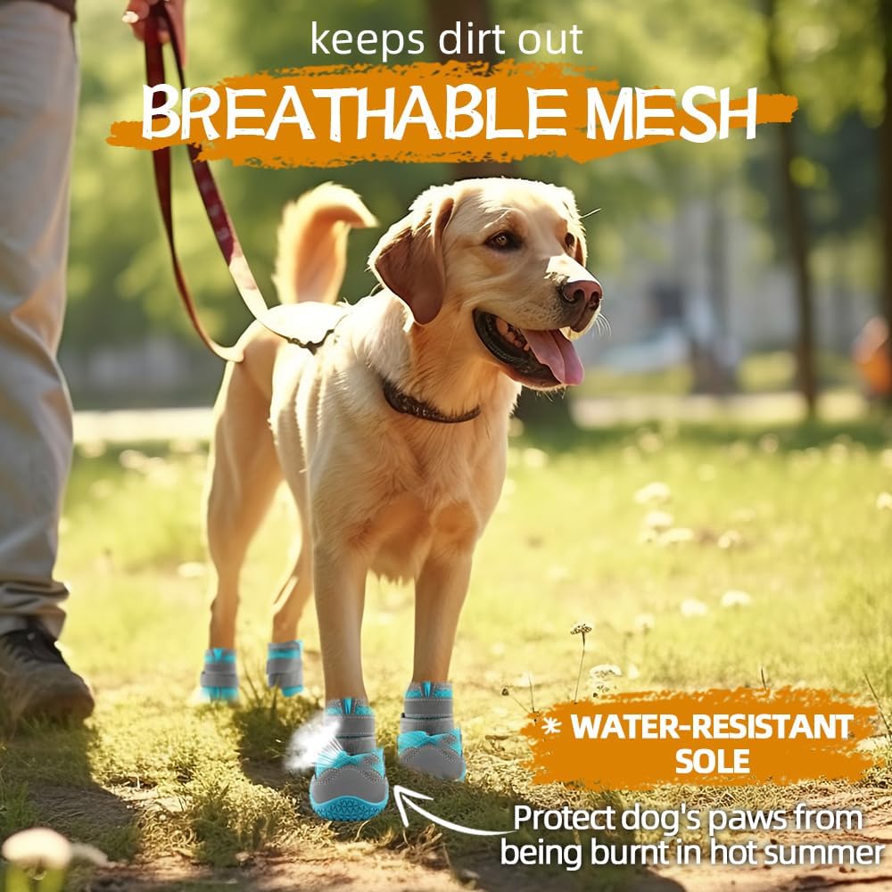 Dog Shoes for Large Dogs, Medium Dog Boots & Paw Protectors for Hardwood Floors, Outdoor Dog Booties for Hot Pavement Winter Snow Hiking, Breathable Dog Shoes with Reflective Strips Size 4