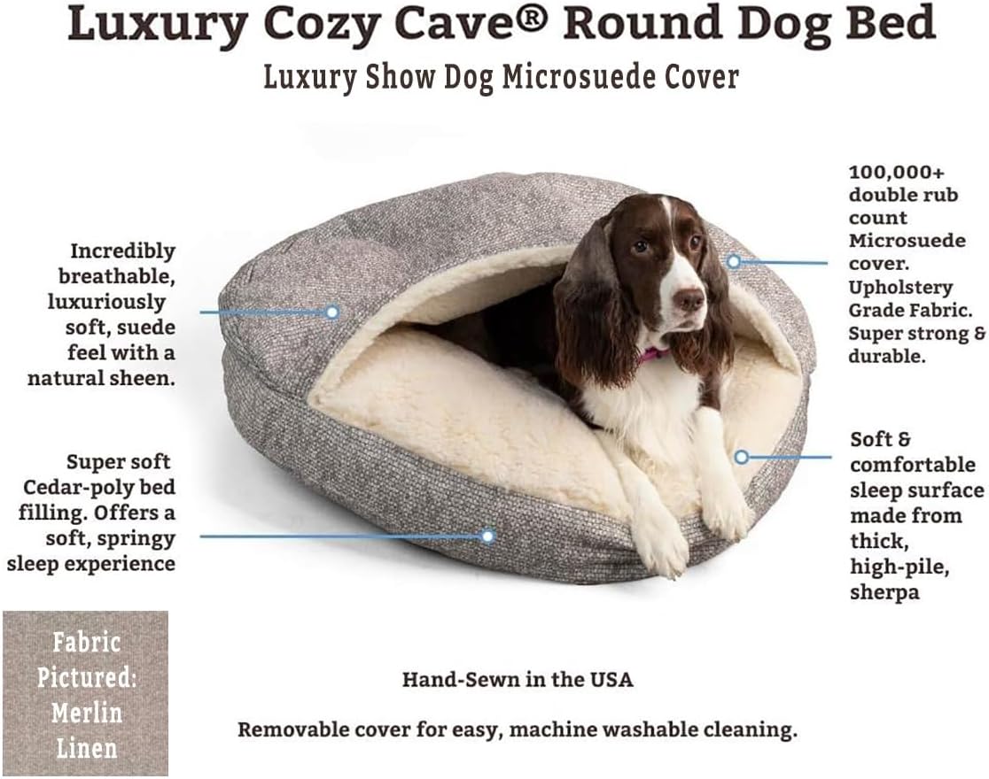 Snoozer Luxury Cozy Cave Dog Bed - Indoor Dog Bed with Cover Cave, Covered Calming Burrow for Medium & Large Sized Pets with Blanket Attached, Enclosed, Washable - XL, Merlin Linen
