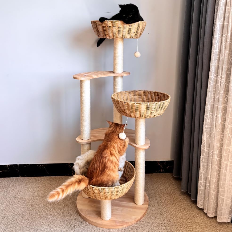 54" Large Modern Cat Trees, Luxury Rattan Oak Solid Wood Cat Trees Towers，3 Weaving Cat Nests & Washable Cool Cushions, Sisal Scratching Posts,Cat Condo for Indoor Cats- Wood Wax Oil Version