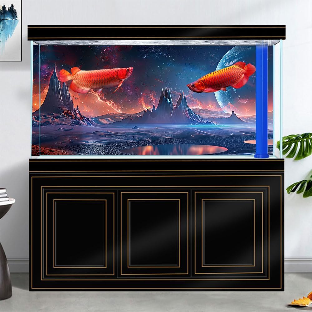 Scarlet Cosmic Aquarium Background,Cool Galaxy Parallel Space Themed Fish Tank Background, Tropical Desert Terrarium Background 30X18IN with 8 EVA Double-Sided Tape