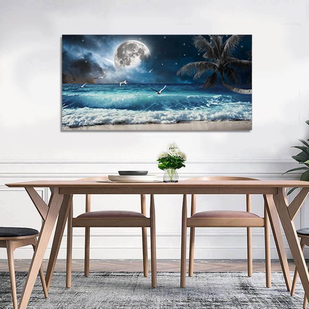 Yxbhhym large Moon Ocean Wall Art Seascape Sea Wall Pictures Canvas Beach Prints Poster Scenery Ocean Paintings Palm Artwork for Bedroom Modern Framed Office Wall Art Living Room Decor-30x60inches