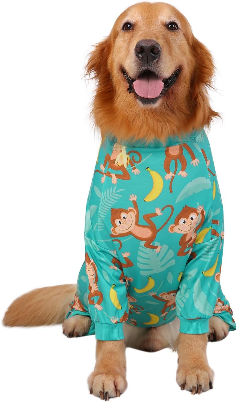 HDE Dog Pajamas One Piece Jammies Jumpsuit Pet Clothes Outfit Stretchy Lightweight Comfy Shirt Pjs for M-3XL Dogs Monkeying Around - M