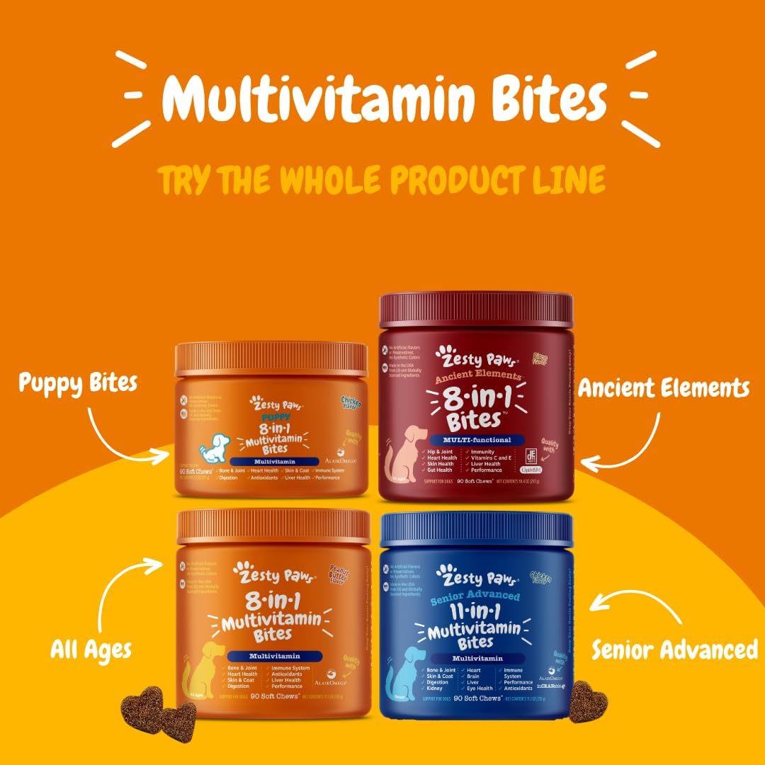 Zesty Paws Dog Multivitamin, Chewable Dog Vitamins and Supplements for Hip & Joints, Skin & Coat, Omega 3 Fish Oil for Dogs- Senior & Puppy Multivitamin - Bison- 90ct