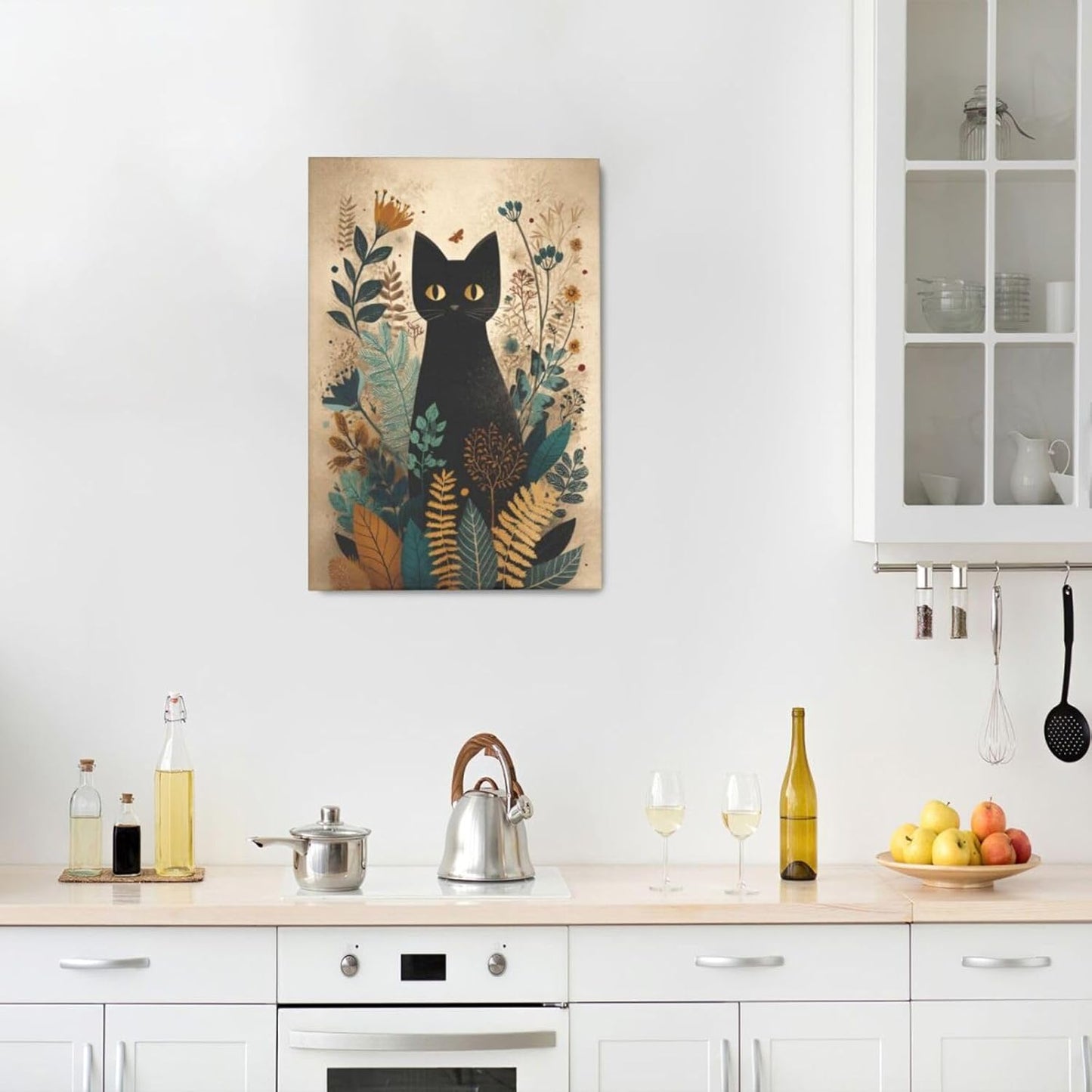 Boho Black Cat Wall Art Kitten Botanical Wall Decor Mid Century Modern Canvas Painting Print Minimalist Pictures Artwork Framed Decorations Gifts for Cat Lover Bathroom Nursery Living Room Bedroom Kitchen 16"x24"