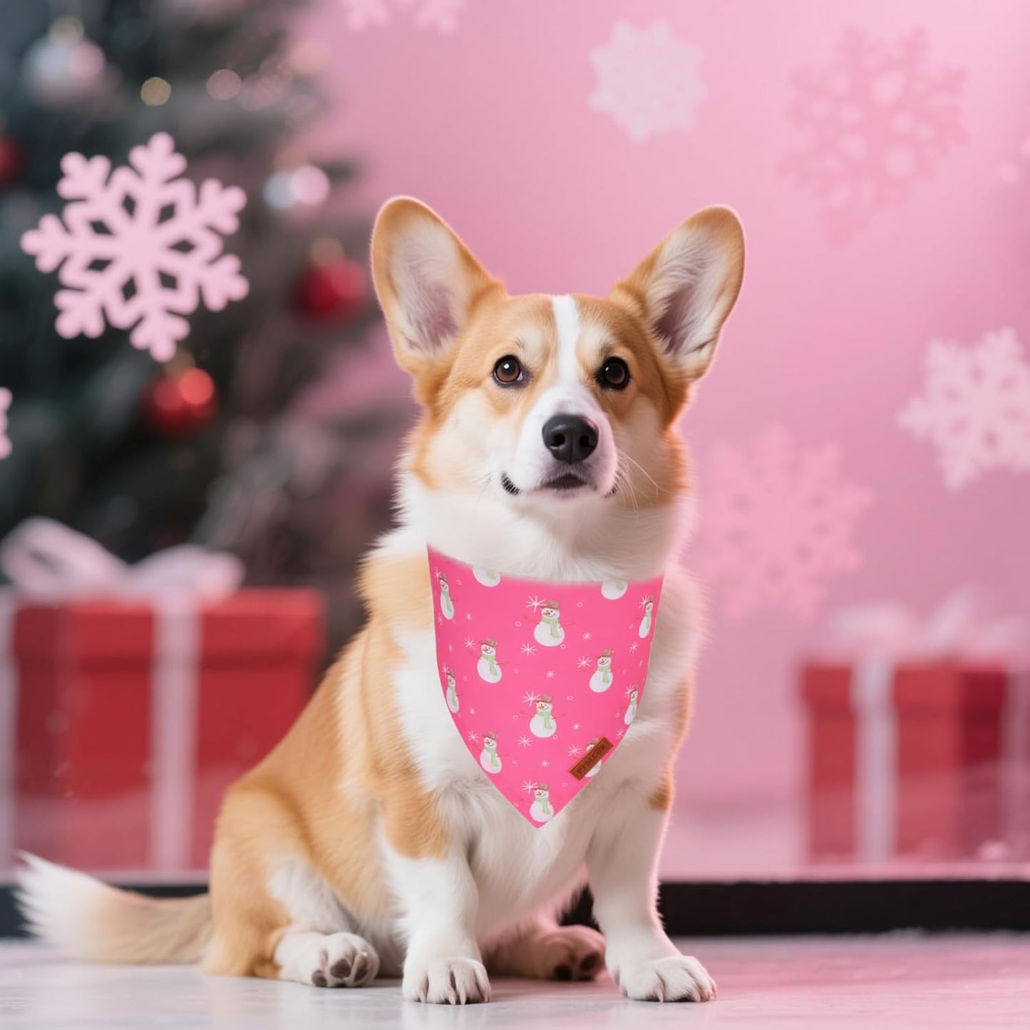 PTDECOR Christmas Dog Bandana, Santa Snowman Design Reversible Holiday Pet Scarf, Pink Triangle Fit Female Christmas Bandanas for Medium Large Dogs Pets (Large)