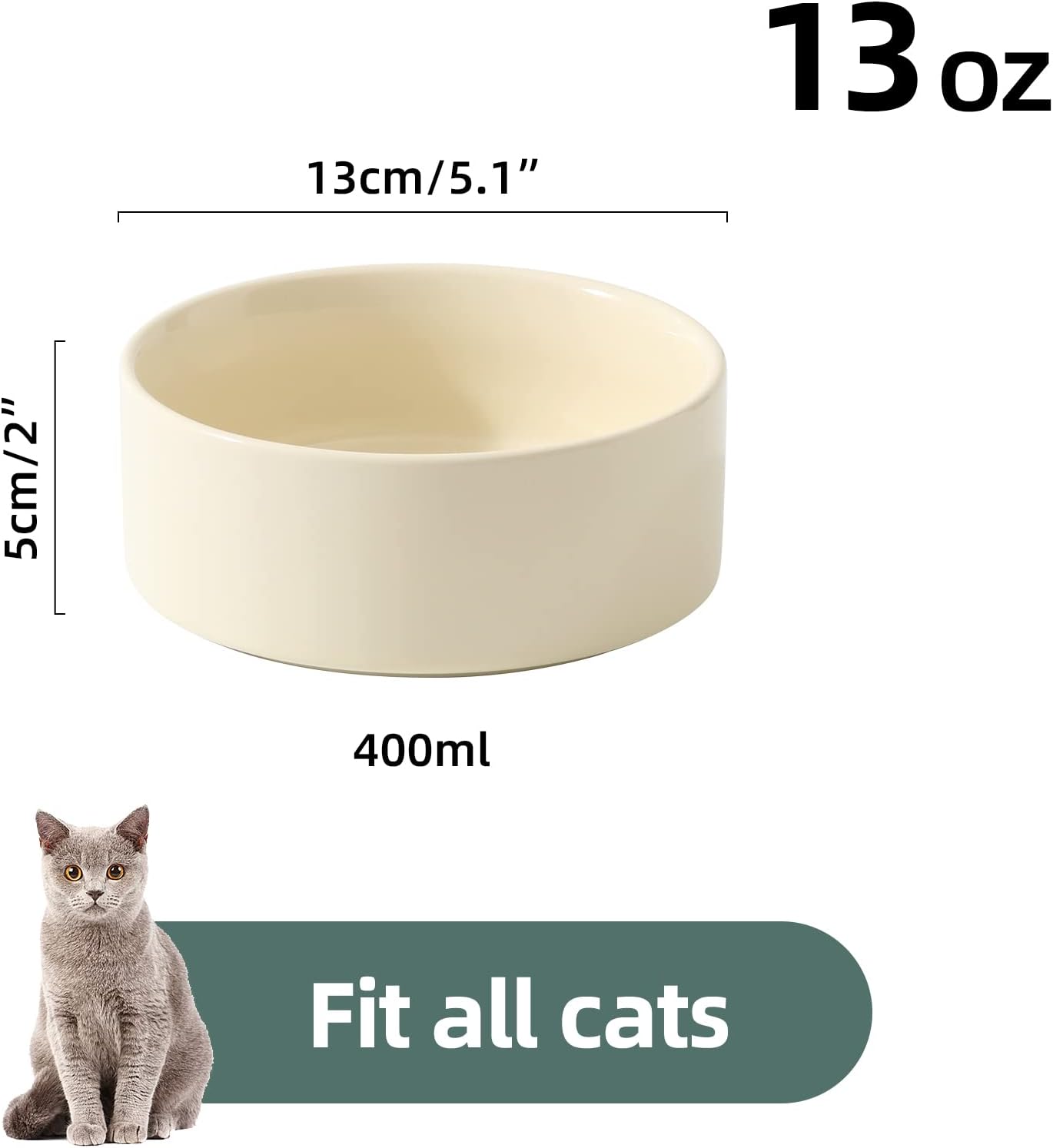 Ceramic Set of 2 Cat Bowls, Food and Water Bowls for Cats, Kitty, 2pcs Cat Dishes, Pet Feeder(5.1inch, 2 x Beige Bowls)