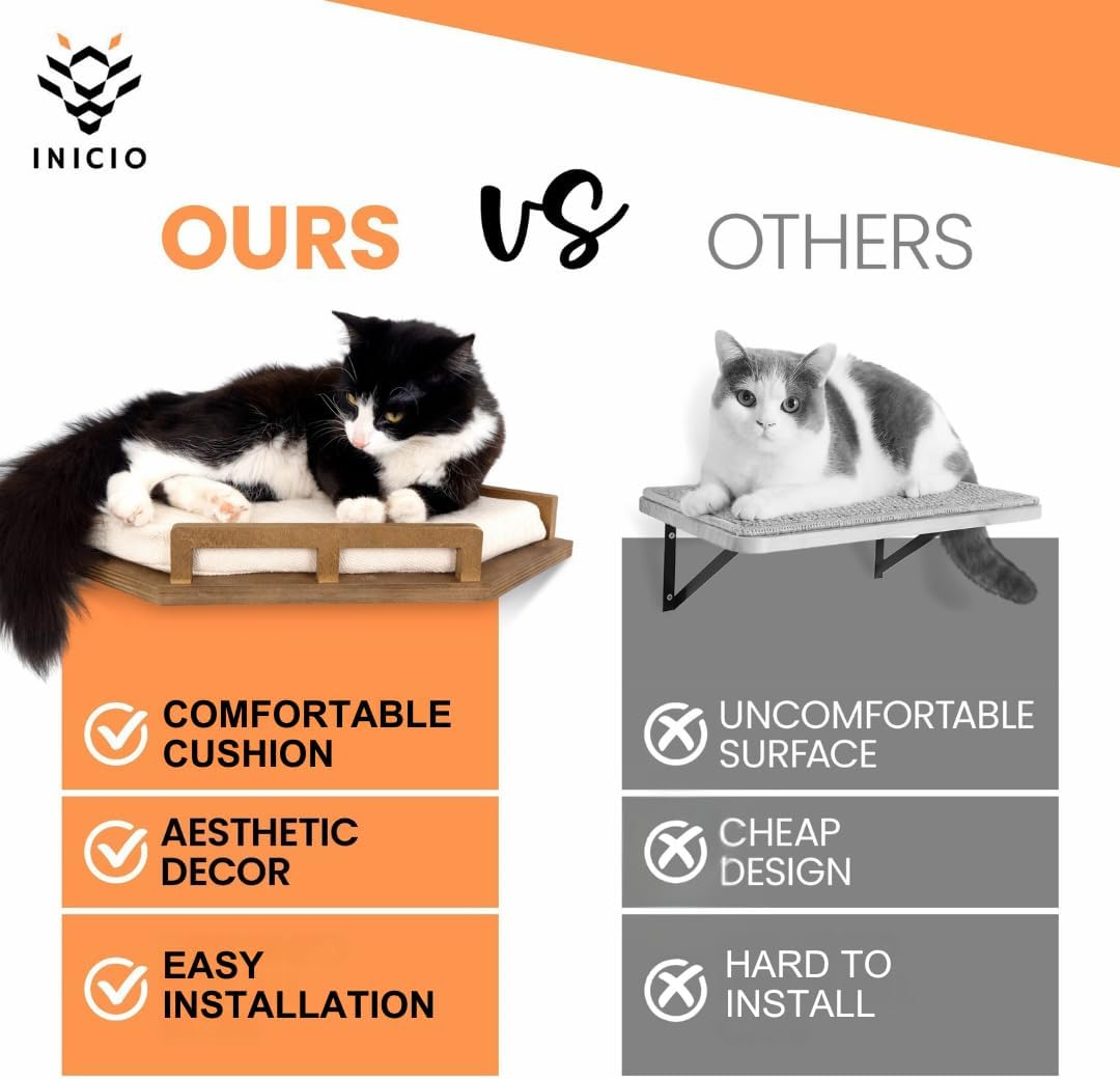 INICIO Cat Wall Shelves - Modern and Durable 3 Step Cat Furniture for Wall - Stylish Birch Floating Shelf for Cats up to 15lbs - Wooden Corner Shelves with Cushioned Perch - Brown