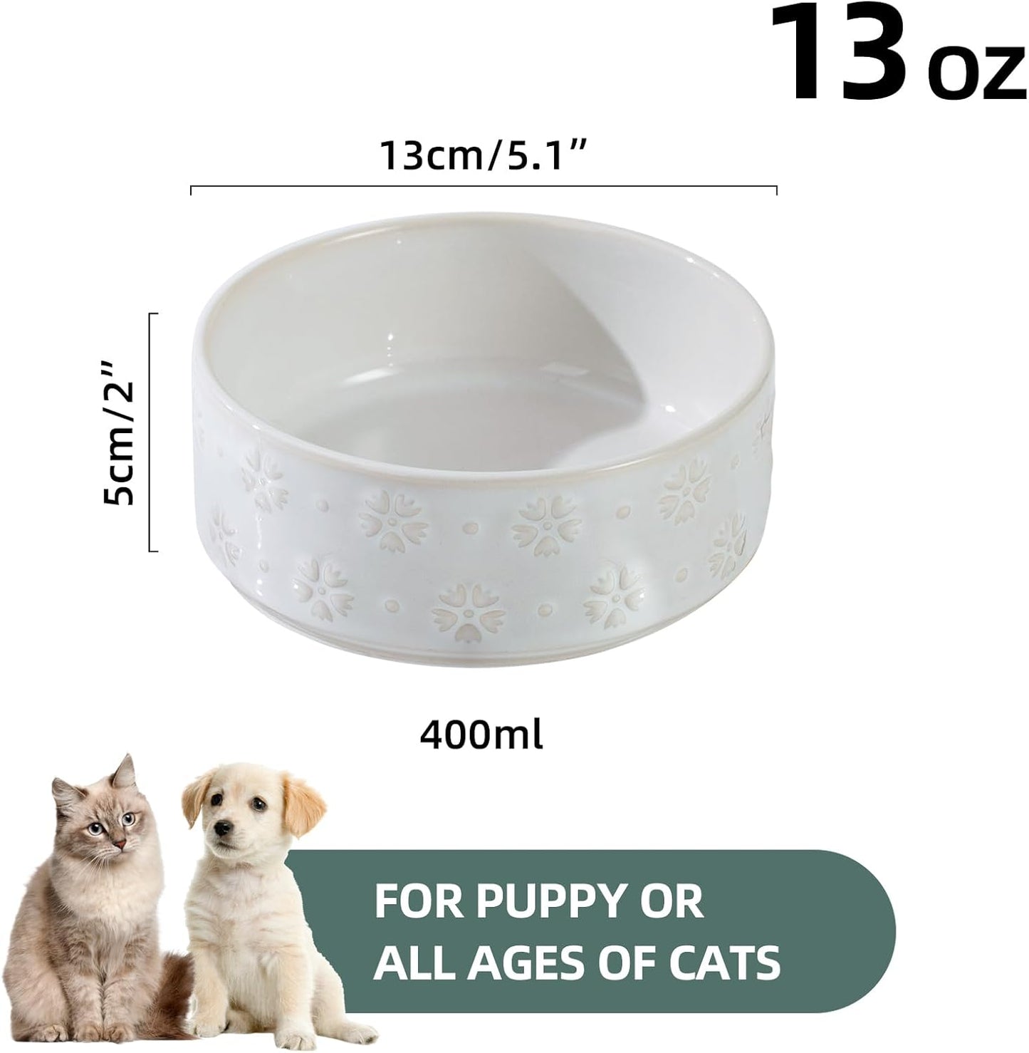 Ceramic 5.1inch Set of 2 Dog and Cat Bowls for Puppy, Kitty, Cats, 2pcs Anti-Slip Food and Water Pet Feeder(2 Bowls, Arctic White)