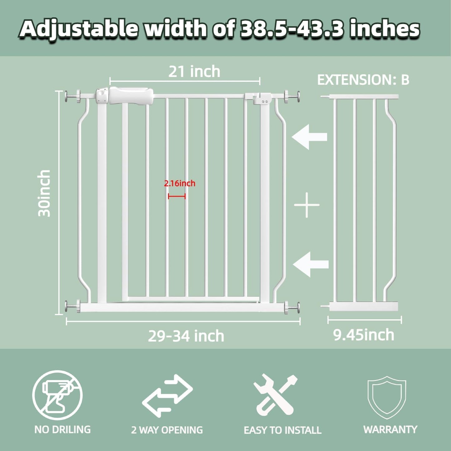TSAYAWA Extra Wide Baby Gate with Door,38.5-43.3 Inch Walk Through Large Long Child Gates for Stair Doorway - Indoor TSAYAWA Outdoor Safty Gate for Toddler Pet Dog Doggie White