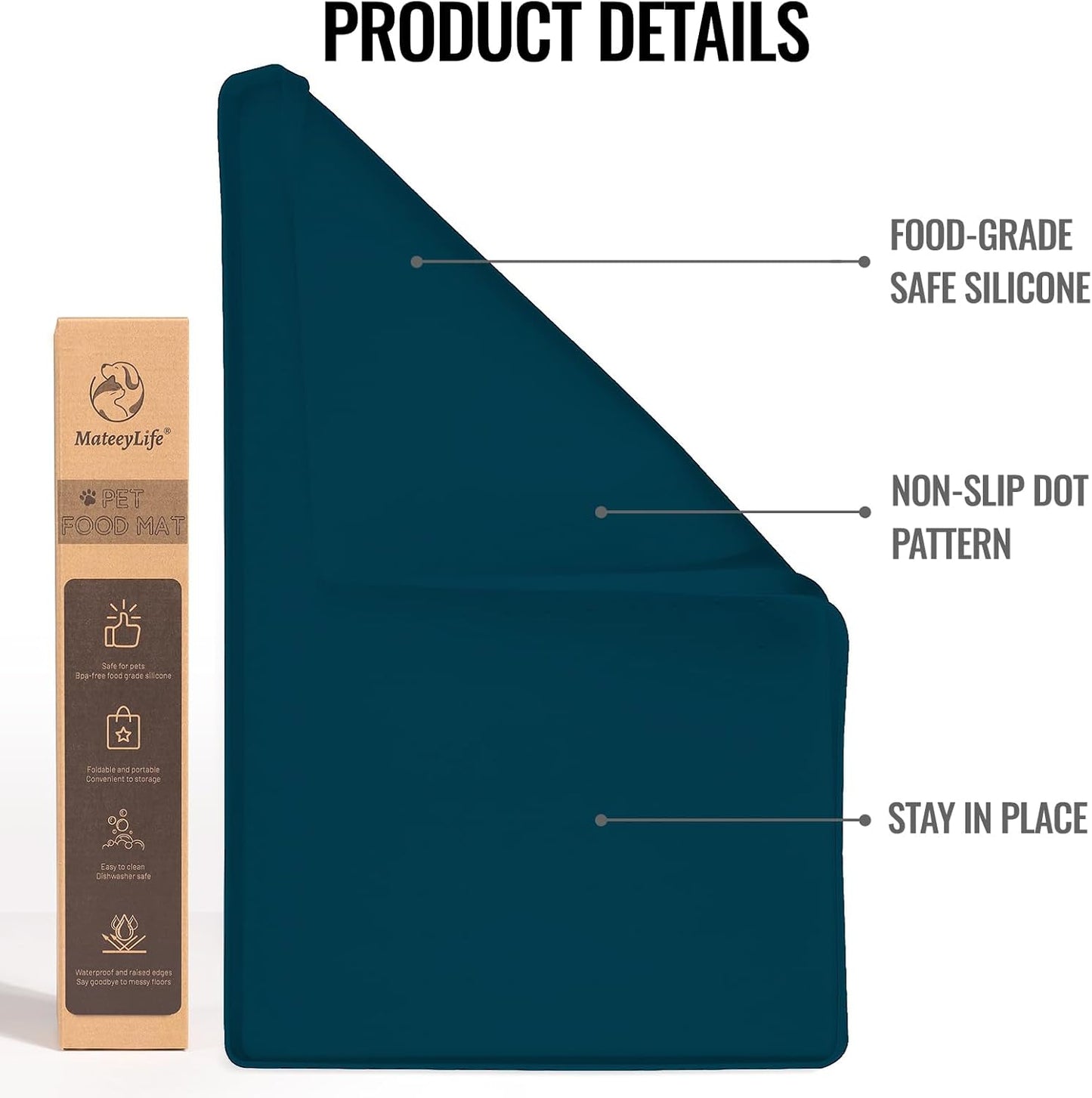 MateeyLife Dog & Cat Food Mat, Waterproof & Nonslip Silicone Feeding Mats for Dogs and Cats, Raised Edge Tray for Messy Drinkers, 22"x14", Navy