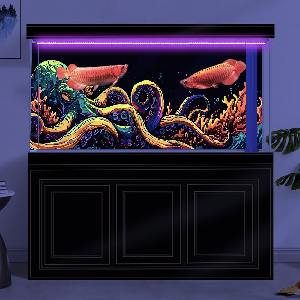 36X24IN Blacklight Octopus Sea Monster HD 3D Black Light Aquarium Background UV Reactive Background Terrarium Background with 10 EVA Double-Sided Tape