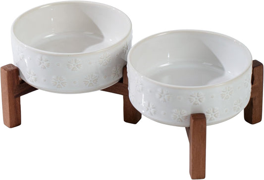 Ceramic 5.1inch Raised Double Bowls Set with Acacia Wood Stand, 2 Heights Elevated, Food & Water Bowls for Puppy, Kitty, Cats(13.5oz, Arctic White)