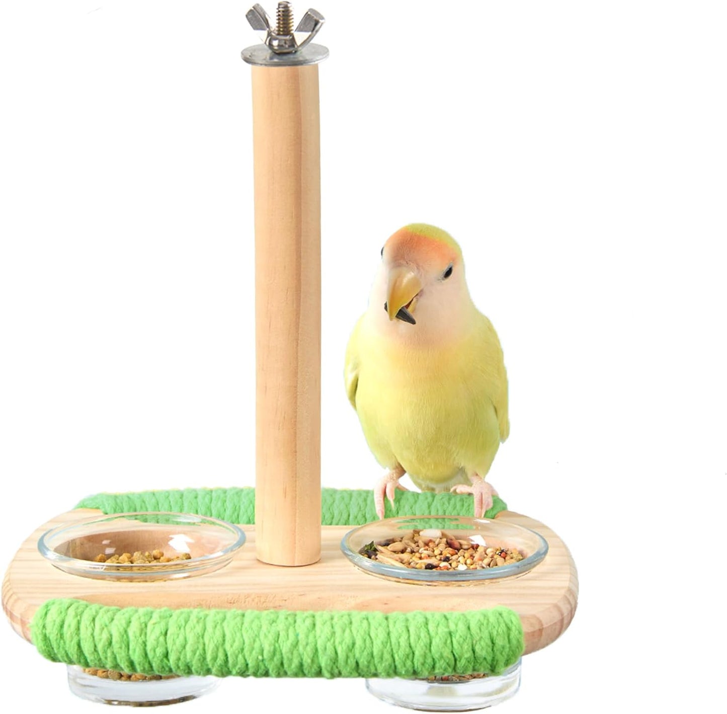 Bird Feeder & Perch – Includes Cotton Rope Perch and 2 Glass Feeding Cups – Cage Accessory for Cockatiels, Budgies, Lovebirds, Conures, Canaries, Finches, and Small Parrots