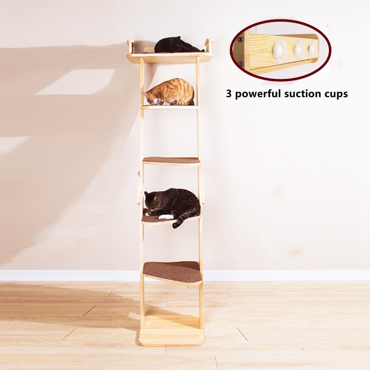 Modern 70“ Tall 6 Level Leaning Cat Climbing Ladder Tree Tower Condo with Large Perch Platform for Window Wall, Solid Wood Cat Furniture Shelves for Multiple Cats
