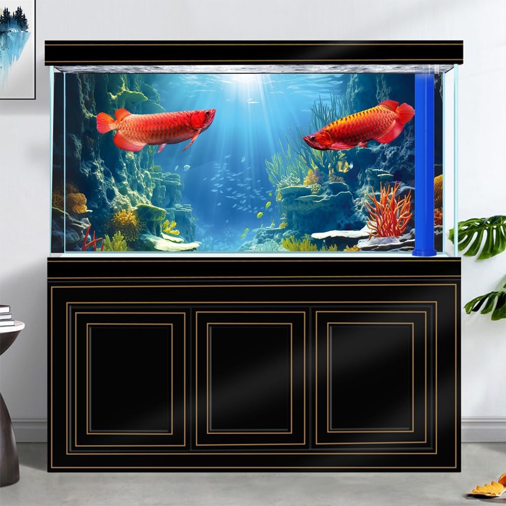 60X24IN Blue Sea Floor Aquarium Background, Natural Underwater World 3D Effect Fish Tank Decorations Background, Art Terrarium Background with 8 EVA Double-Sided Tape