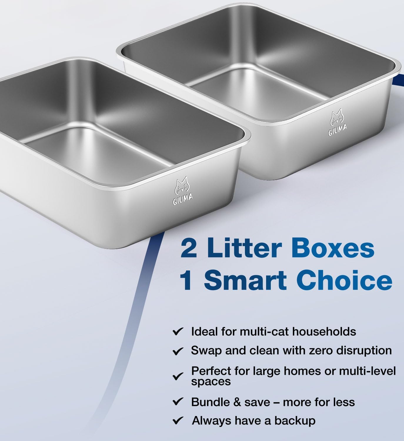 2 Pack Stainless Steel Cat Litter Box, 23.4" L×15.6" W×5.9" H, Metal Kitty Litter Box with High Sided for Big Cats, Non-Stick, Easy to Clean, Odor-Free