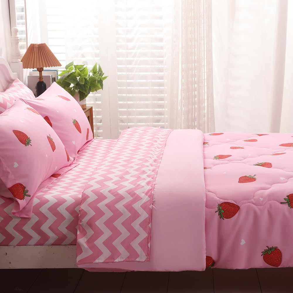 Girls Strawberry Comforter Set Queen Size - 7 Piece Bed in A Bag Bedding Set for Kids Teens - All Season (1 Comforter,1 Flat Sheet,1 Fitted Sheet and 4 Pillow Sham) Pink