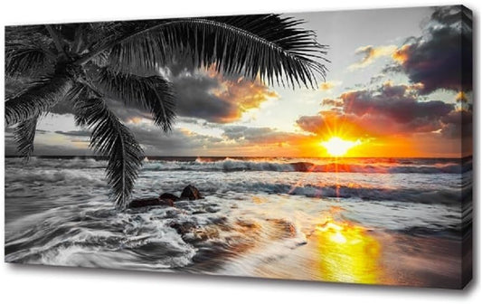 Yxbhhym-Beach Wall Art Black and White Ocean Pictures for Walls Sunrise Seascape Scenery Canvas Print Sunset Painting Palm Poster Sea Wave Artwork for Living Room Wall Art Bedroom Office Wall Décor