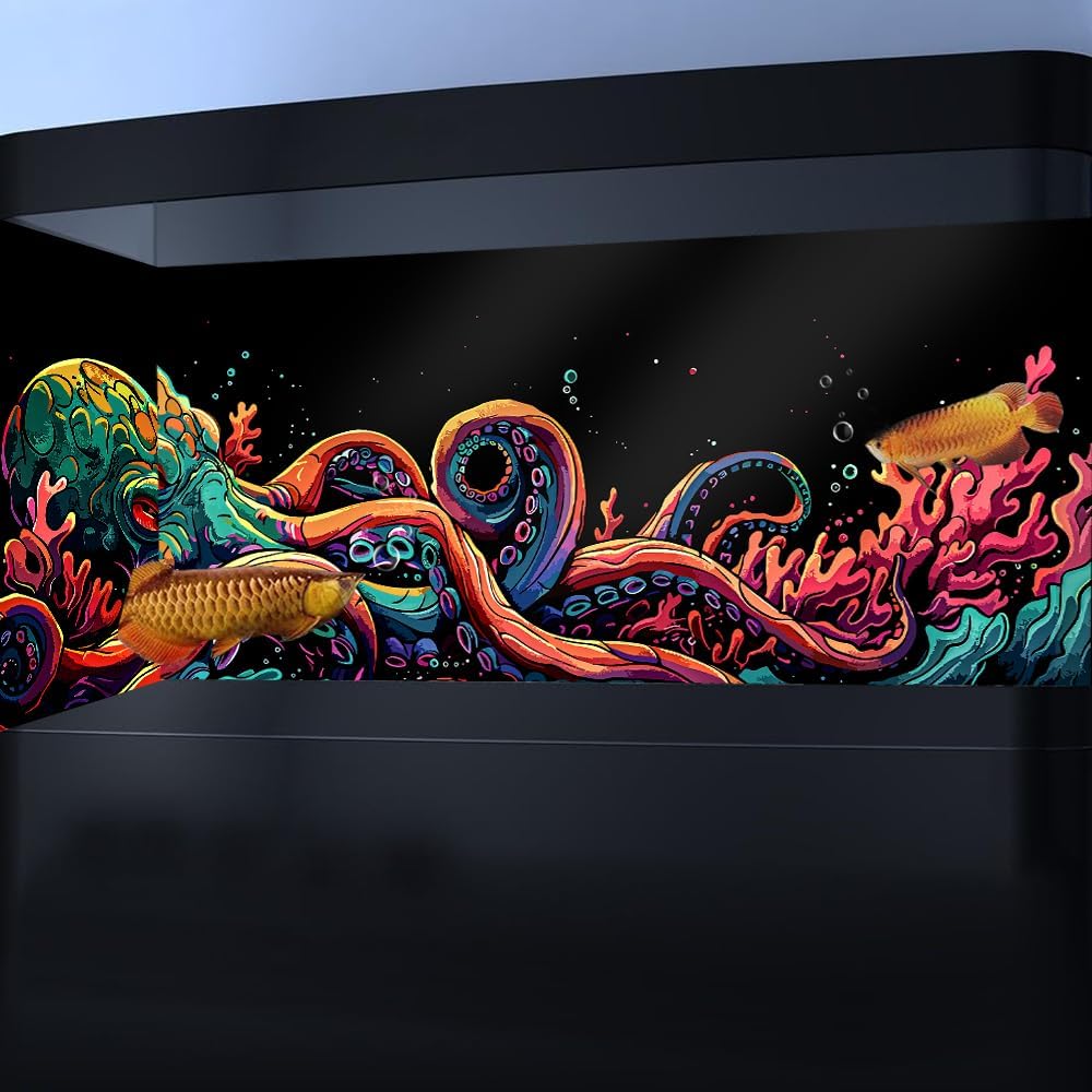 48X20IN Blacklight Octopus Sea Monster HD 3D Black Light Aquarium Background UV Reactive Background Terrarium Background with 10 EVA Double-Sided Tape