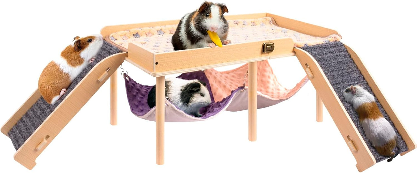 Enlarged Guinea Pig Hammock with Platform and Stairs,Wooden Foldable Piggies Hideout for Guinea Pigs Bunny Ferret Hamster Hiding Sleeping Activities 24L x 12W x 11H in（Double）