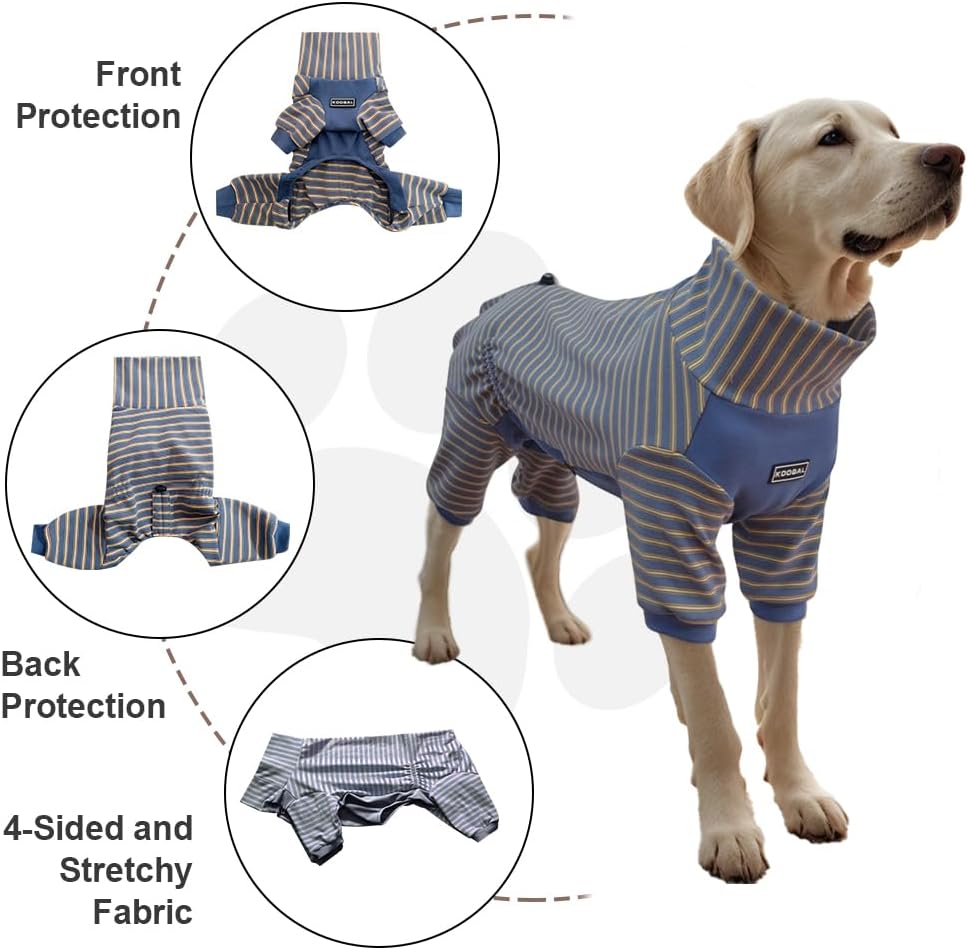 Dog Pyjamas PJS Sweater Clothes and Home Clothing Suitable for Large to Giant Breeds of Dogs, Dog Surgery Recovery Suit, Extra-Large Stretch Fabric, Four-Legged (Thickened Blue Stripes, L)