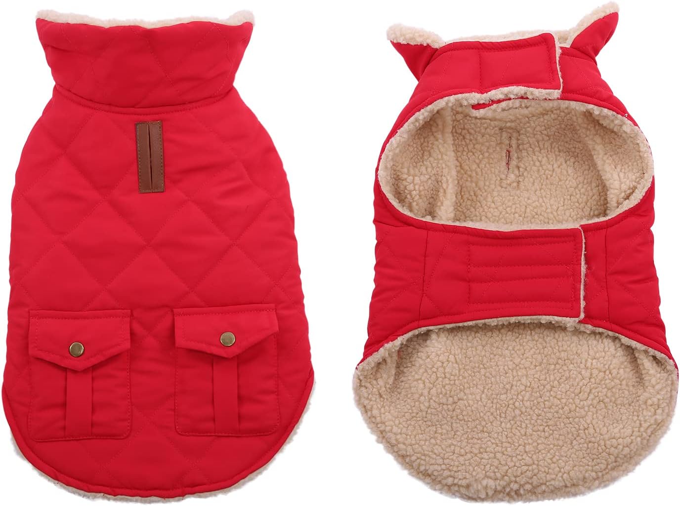 Queenmore Warm Dog Coat, Cold Weather Puffer Jacket with Ultra Thick Plush Lining and Storage Pockets (Red, X-Large)