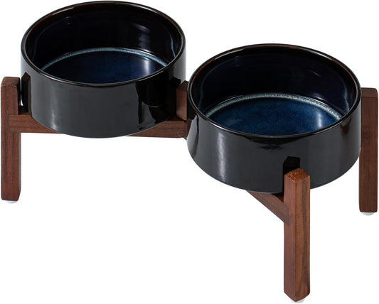 Ceramic 7.3inch Raised Double Dog Bowls Set with Acacia Wood Stand, Food & Water Bowls for Medium Breed Dogs, Weighted Pet Dishes(41oz, Starry Sky)