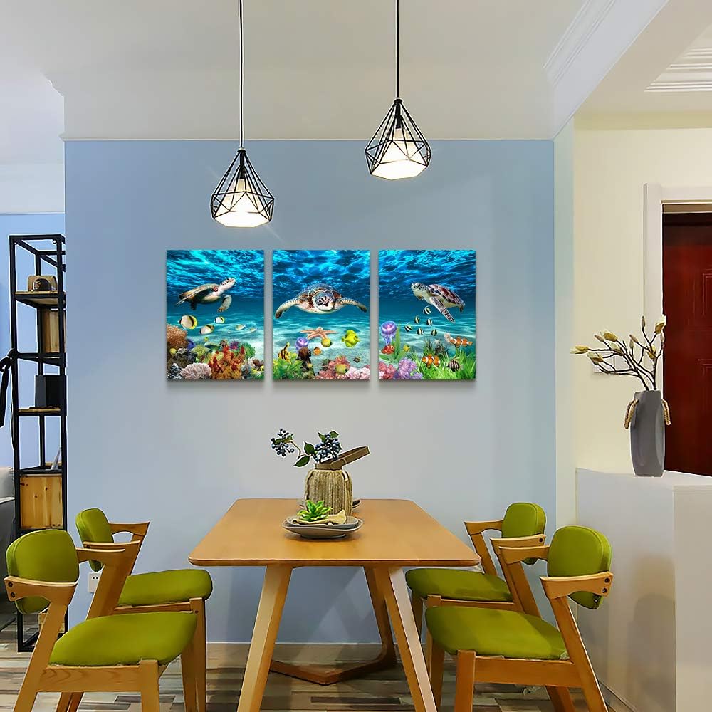 Canvas Wall Art for Living Room Large Size Wall decor for Bedroom Modern Bathroom Wall Decoration blue Ocean Wall Painting Sea Turtle Wall Pictures Ready to Hang Office Artwork 20" x 28" 3 Piece
