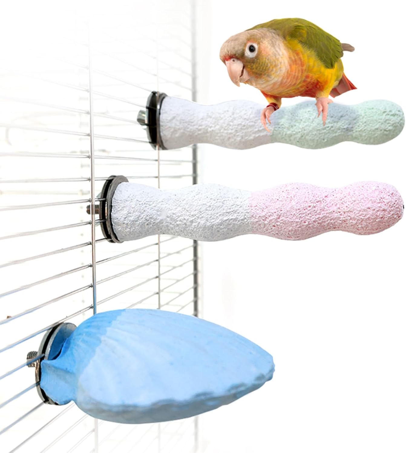 Bird Perches for Cage, Abrasive Surface High Calcium Mineral Parrot Perch Stand - Bird Nail File for Claw & Beak Health, Colorful Ceramic Bird Cage Accessories (Green, Coral)