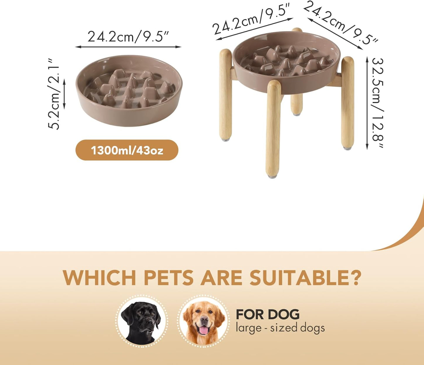 9.5inch Ceramic Dog Raised Slow Feeder Set, Elevated Bowl with Wooden Stand for Large Dog, Slow Feeder Dish for Fast Easters, Anti-Gulping(Brown Coffee, Single Bowl+ Stand)