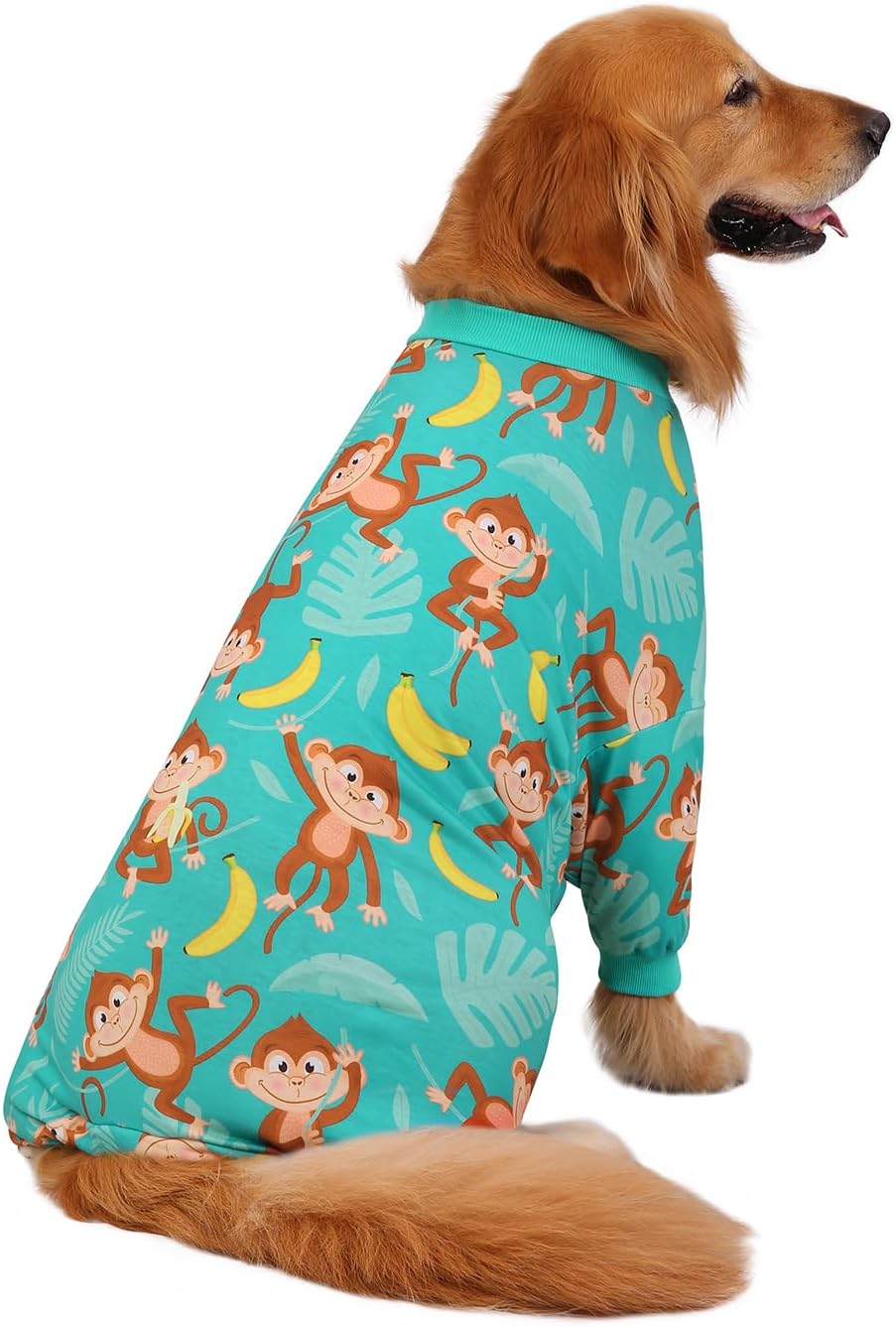 HDE Dog Pajamas One Piece Jammies Jumpsuit Pet Clothes Outfit Stretchy Lightweight Comfy Shirt Pjs for M-3XL Dogs Monkeying Around - 3XL