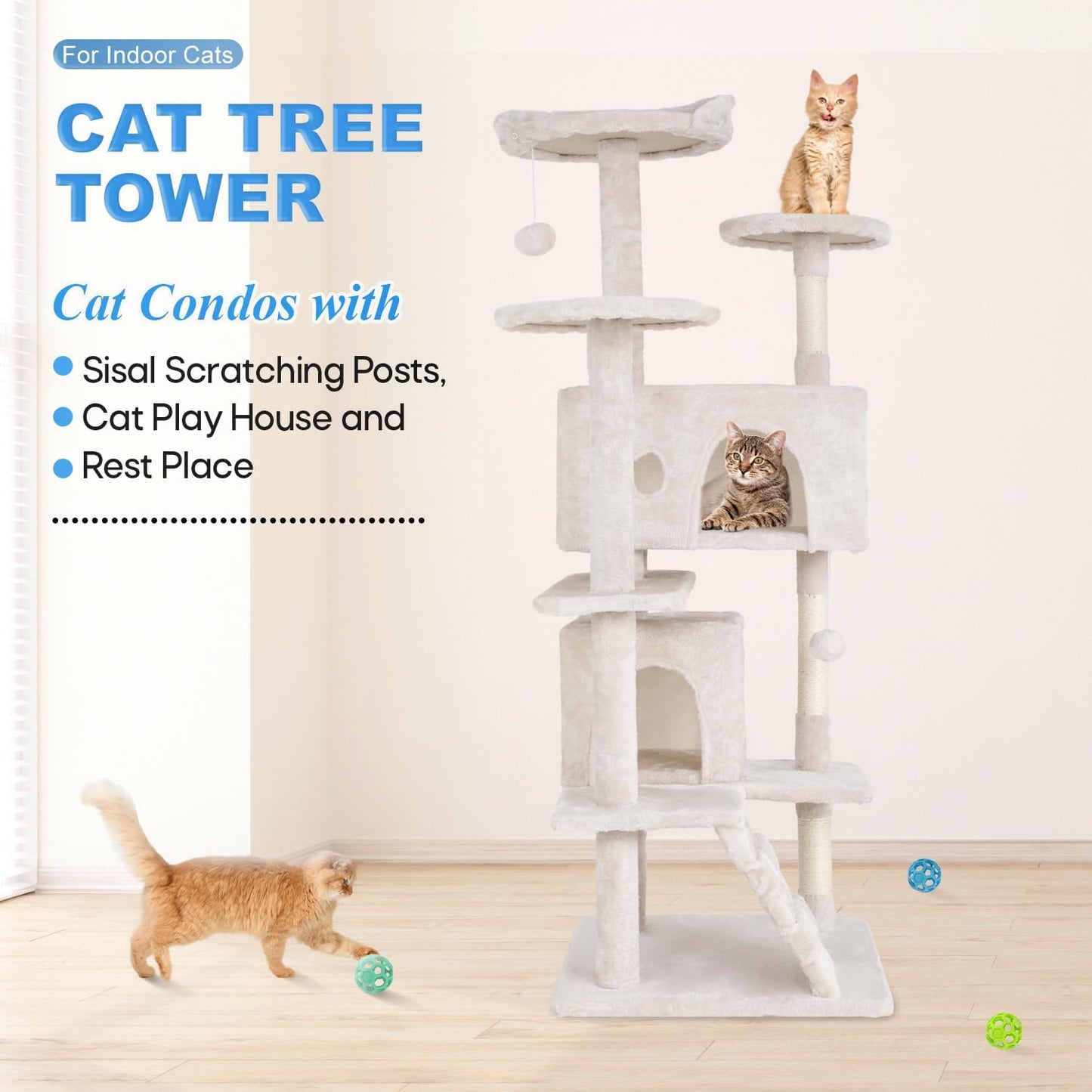 FDW Cat Tree 54in Cat Tower Multi-Level Durable Cat Scratching Post & Cozy Fun Cat Jumping Platform Space Saving Cat Condo Pet Play House for Indoor Cats,Beige