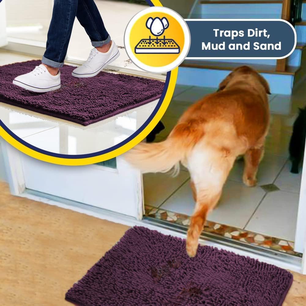 Muddy Mat® AS-SEEN-ON-TV Highly Absorbent Microfiber Door Mat and Pet Rug, Non Slip Thick Washable Area and Bath Mat Soft Chenille for Kitchen Bedroom Indoor and Outdoor - Dark Purple 24" x 120"