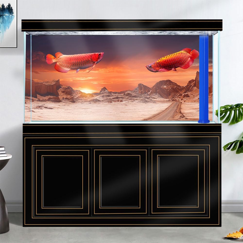 30X12IN Sun and Desert Moon Themed Reptile Habitat on Orange Durable Decorative Background, Terrarium Background with 10EVA Double-Sided Tape