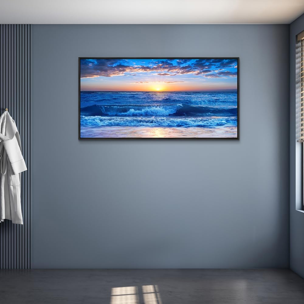 Wapluam Large Canvas Art - Blue Ocean Beach Scene, Sunny Sea View, Wave Wall Pictures, Black Framed Home Decor