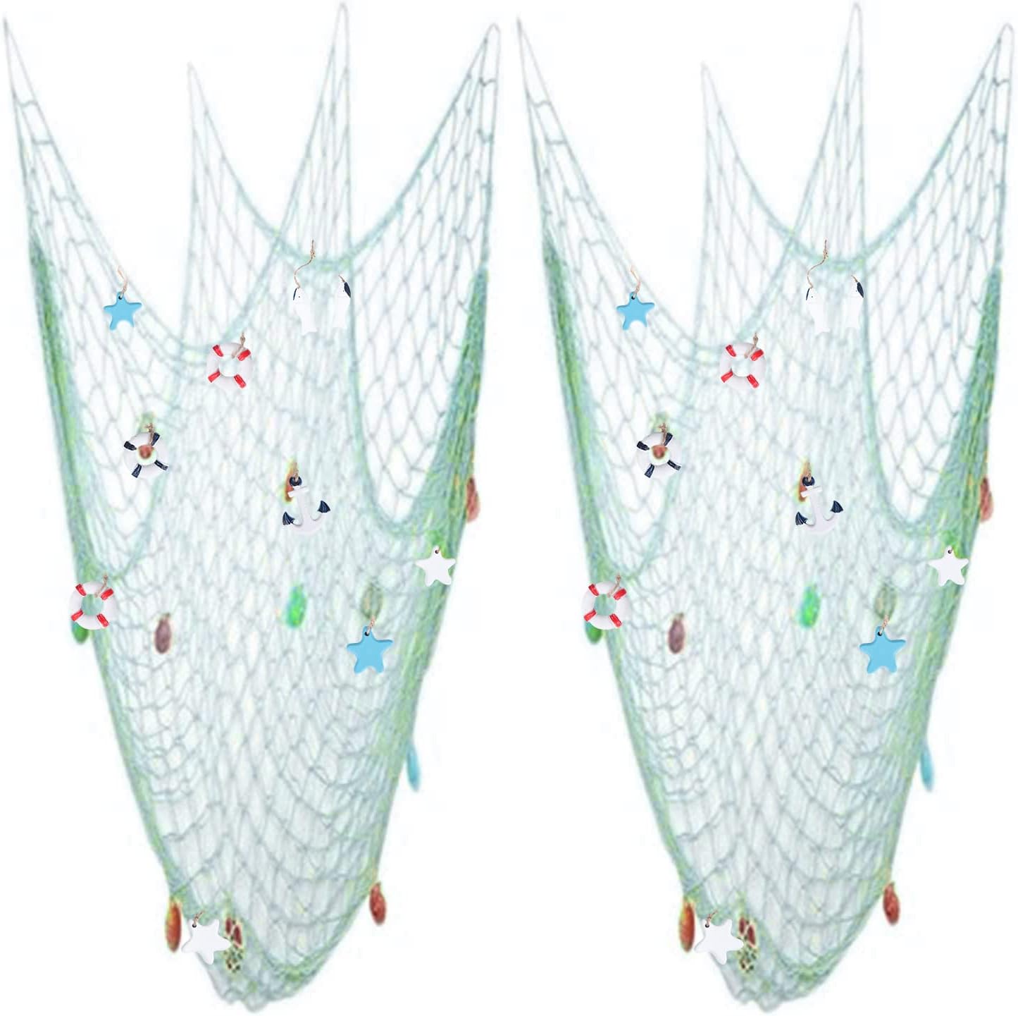 Nature Fish Net Wall Decoration with Shells, Ocean Themed Wall Hangings Fishing Net Party Decor for Pirate Party,Wedding,Photographing Decoration (2pack-Aqua/Aqua)