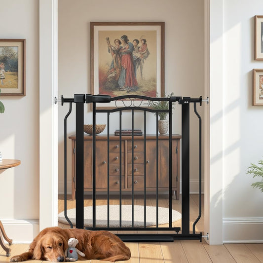 29.53"-33.85" Mornyray Auto-Close Baby Gate Extra Wide, Pressure Mounted Dog & Pet Gate for Stairs Doorways, No Drill Safety Barrier with Lace Design, Metal Child Proof Gate Indoor Outdoor, Black