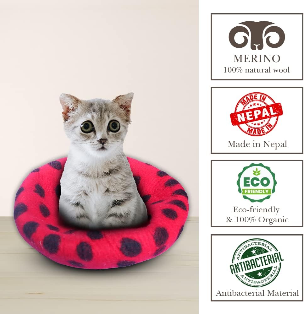 Woolygon Premium Felt Cat Cave Bed - Polka Dot Series - Wool Kitty Beds Handcrafted Kitten Caves Bed for Indoor Cats - Eco-Friendly Merino Wool, Foldable Cat Hideaway Cat Houses (Red/Black Dots)