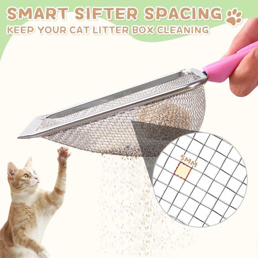 Cat Litter Scoop,Sturdy Litter Cleaner Corner Shovel,2Pcs Stainless Steel Mesh Litter Shovel,Easy to Clean Reptile Terrarium Sand Waste,Beach Shovel(2 Pcs Pink)