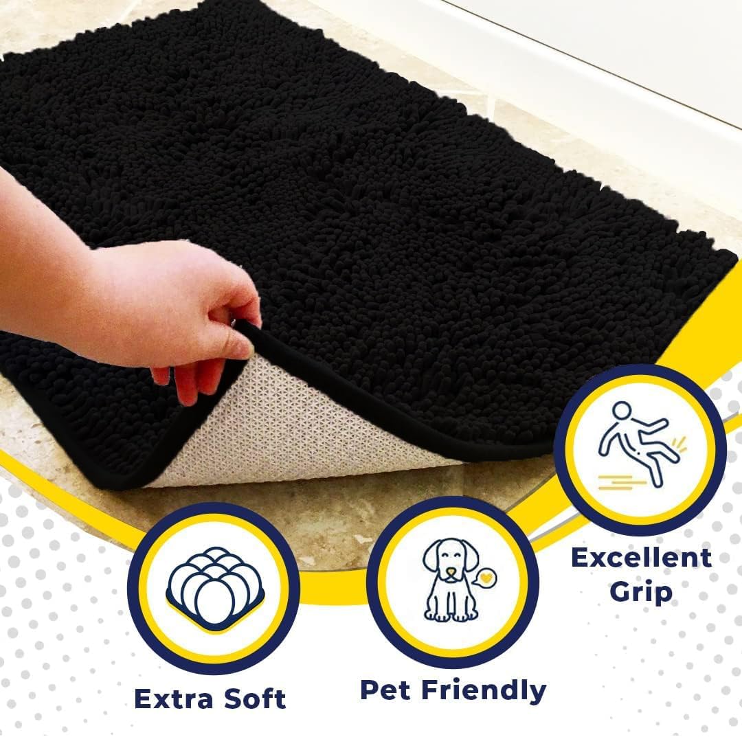 Muddy Mat® AS-SEEN-ON-TV Highly Absorbent Microfiber Door Mat and Pet Rug, Non Slip Thick Washable Area and Bath Mat Soft Chenille for Kitchen Bathroom Bedroom Indoor and Outdoor - Black 5ft x 7ft